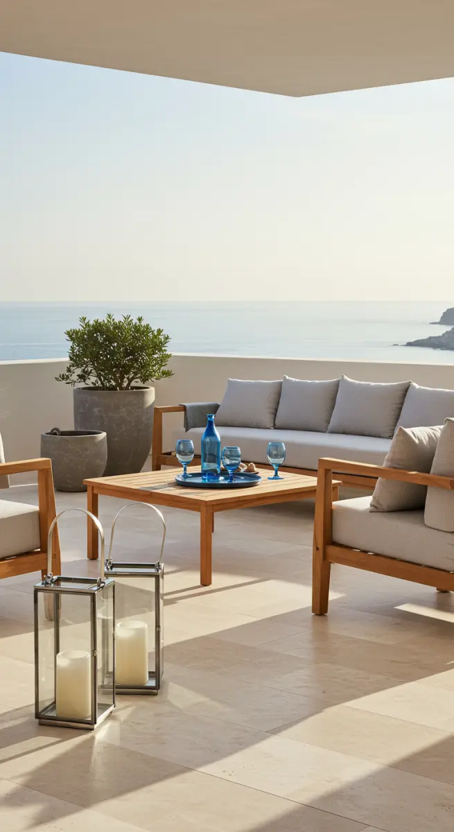 Moderne Terrasse mit Holzlounge-Möbeln, grauen Polstern und Meerblick.