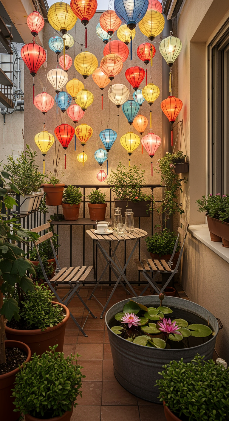 Kleiner Balkon mit Bistrotisch, vielen Pflanzen und einem Himmel aus bunten Lampions.