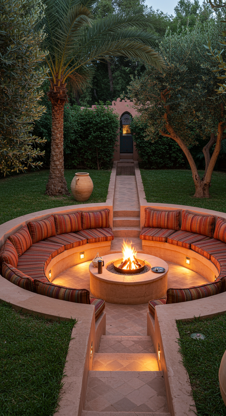 Runde, eingelassene Sitzecke mit Feuerstelle im Garten.
