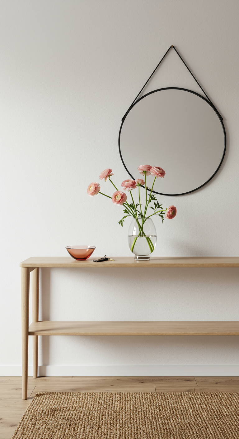 Minimalistischer Japandi Flur mit Holzregal, Rundspiegel und rosa Ranunkeln in Vase.