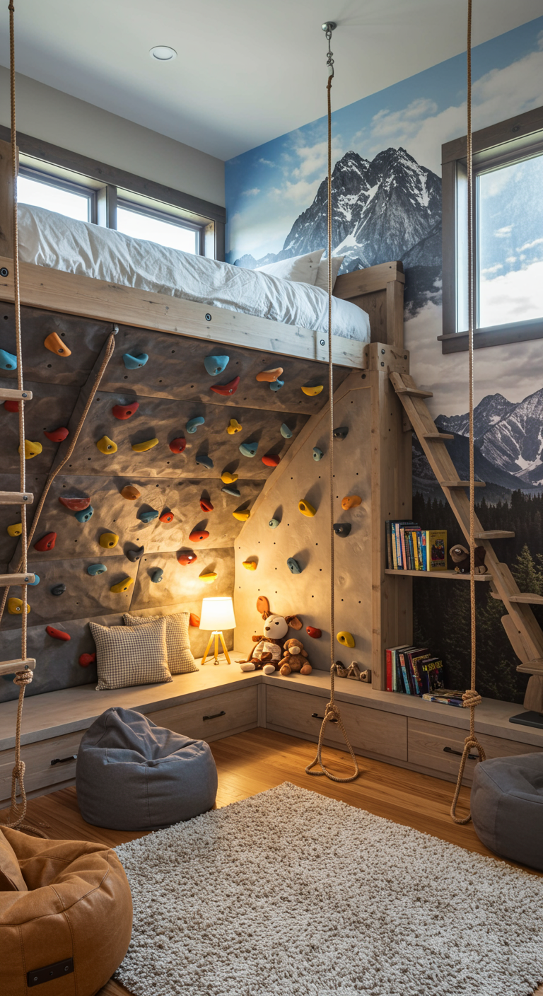 Kinderzimmer mit Hochbett, integrierter Kletterwand und Bergpanorama-Tapete.