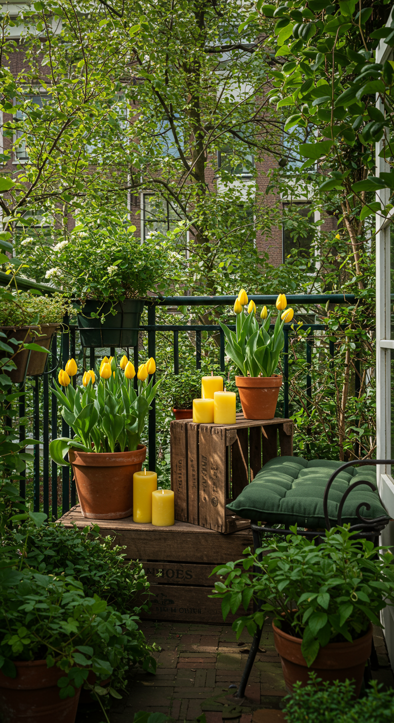 Grüner Balkon mit Metallstuhl, gelben Tulpen und Kerzen auf Holzkisten.