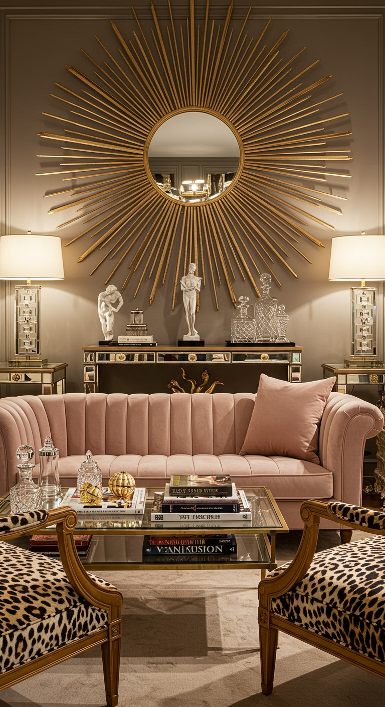 Elegantes Wohnzimmer mit goldenem Sonnenstrahlspiegel und rosa Samtsofa.