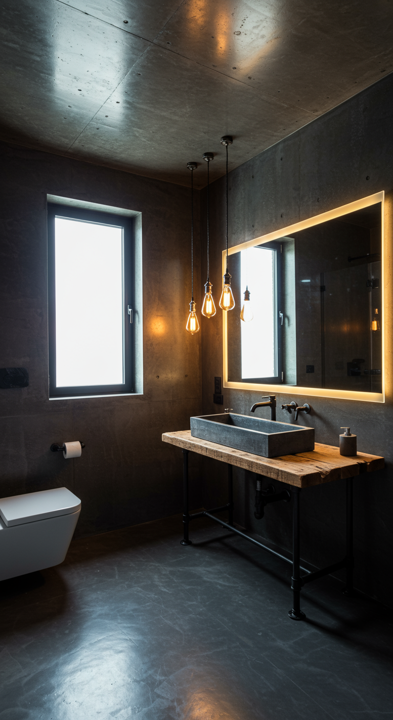 Industrielles Badezimmer mit Betonwänden, Holztisch und Edison-Glühbirnen.