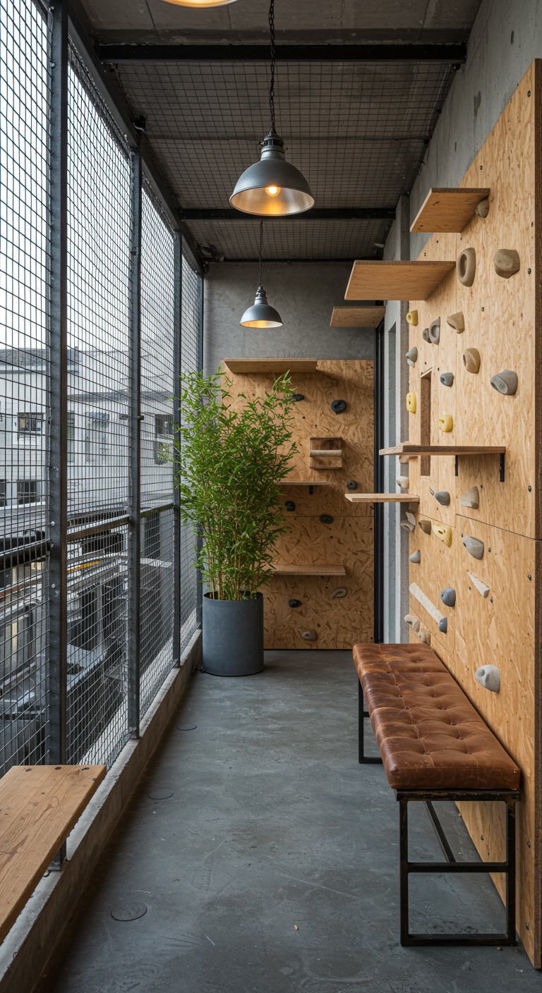Industrielles Catio mit Kletterwand, Gitter, Bambuspflanze und Lederbank