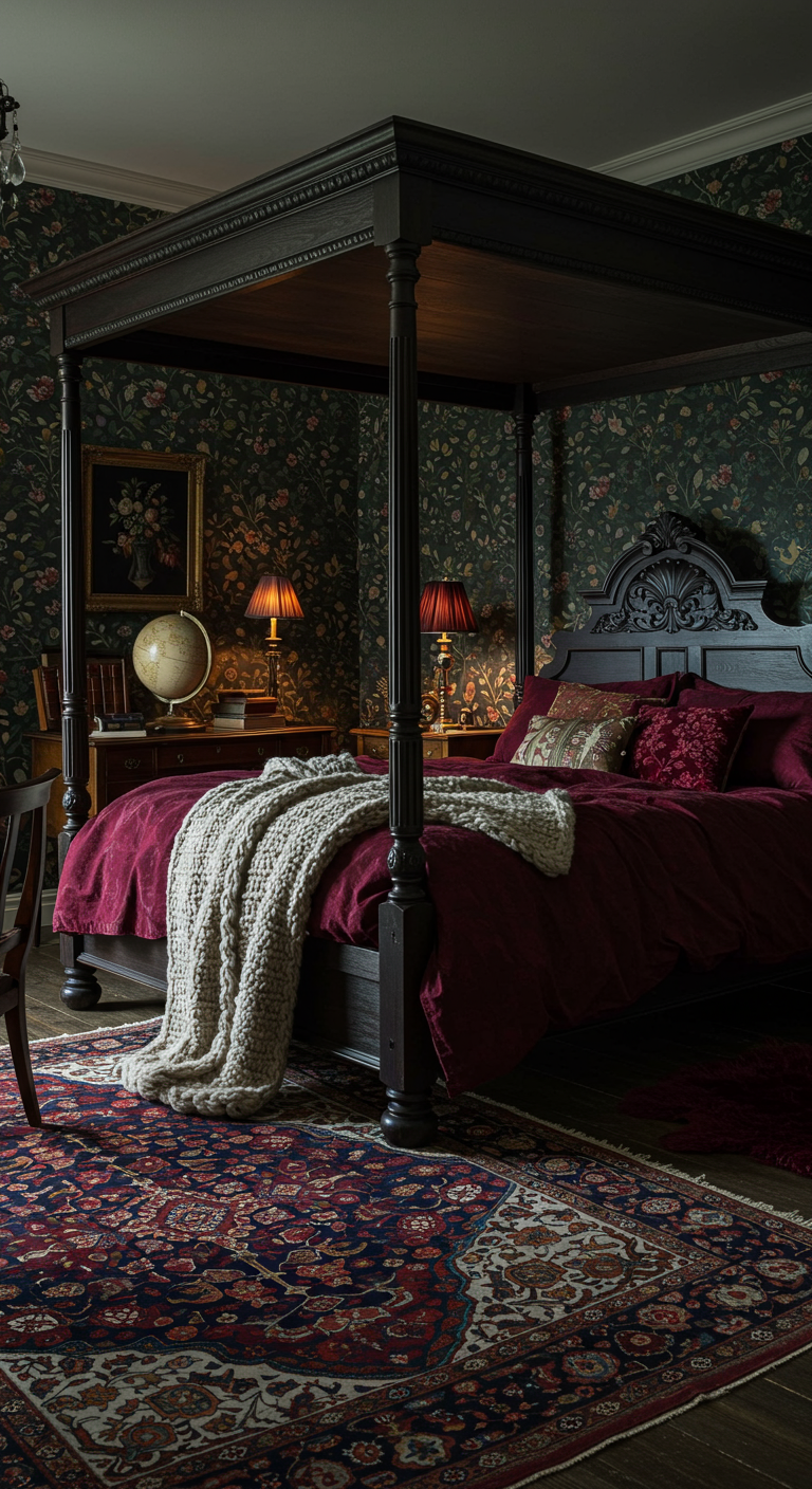 Dunkles Himmelbett mit roter Bettwäsche vor floraler Tapete, Orientteppich.