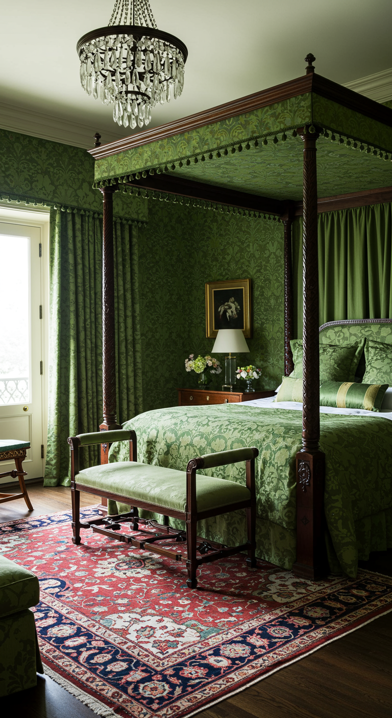 Opulentes grünes Schlafzimmer mit Himmelbett und Kristallkronleuchter.