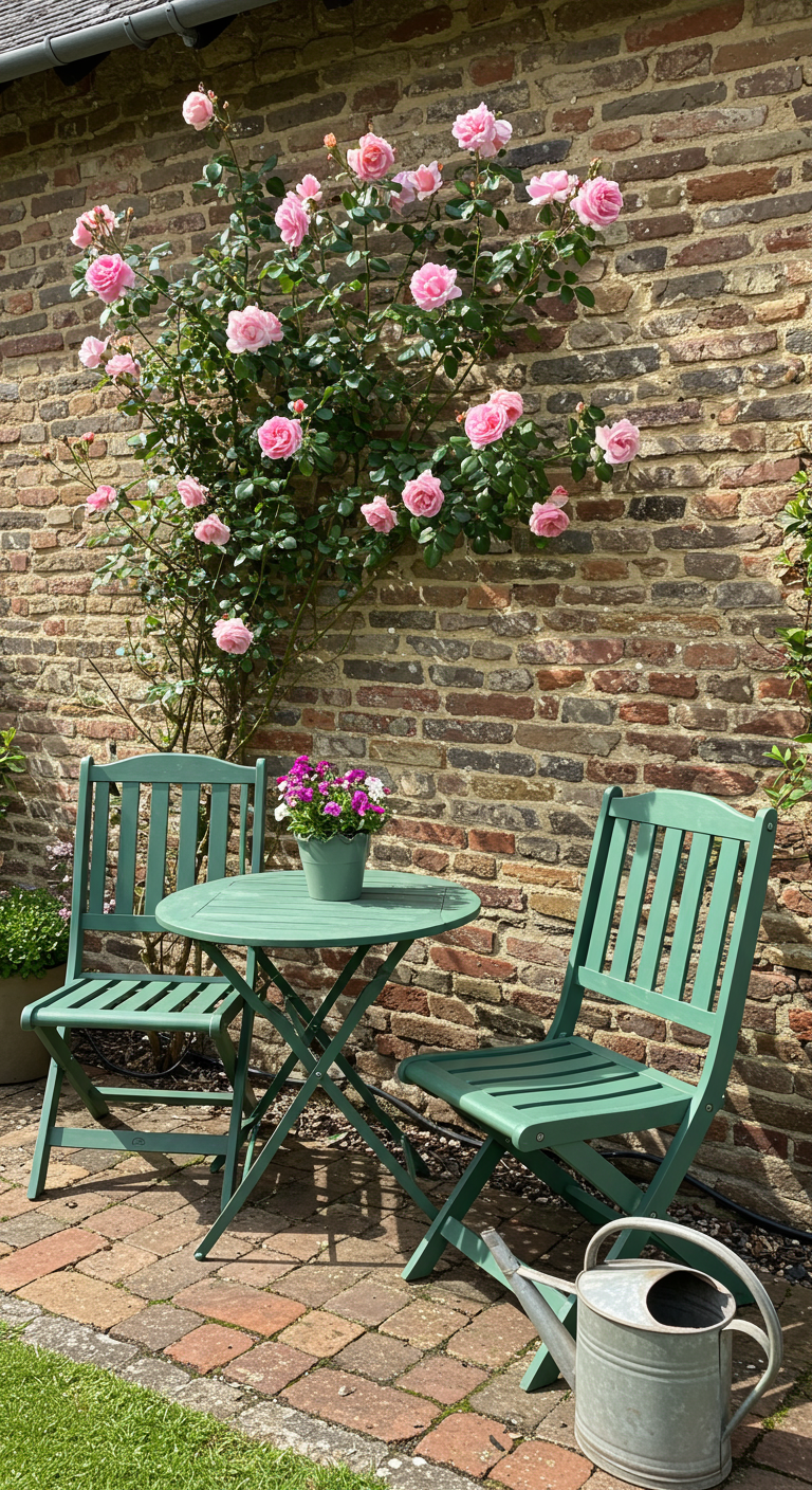 Grünes Metall-Bistro-Set vor einer Ziegelmauer mit blühender rosa Kletterrose.