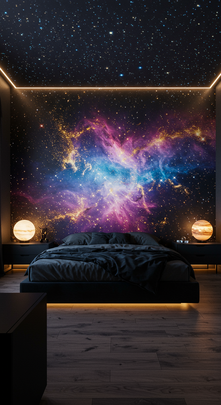 Schlafzimmer mit beeindruckender Galaxie-Fototapete und Planetenlampen.