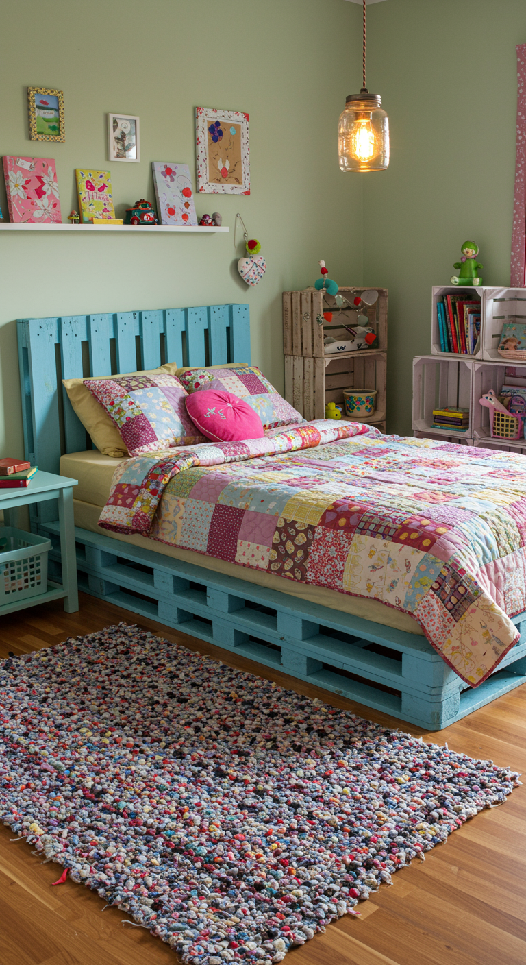 Kinderzimmer mit blau gestrichenem Palettenbett, bunter Patchworkdecke und Flickenteppich.