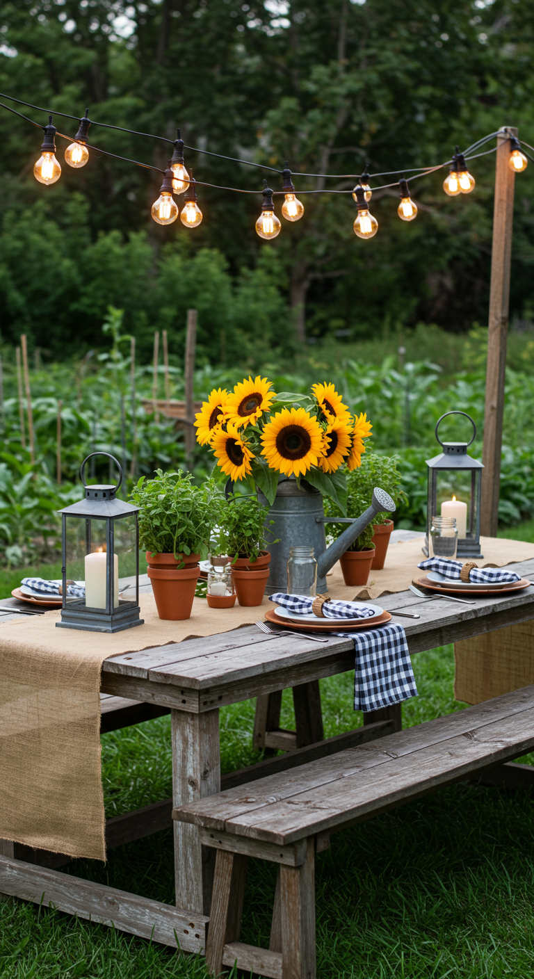 Rustikaler Gartentisch mit Sonnenblumen in Gießkanne, Laternen und Lichterkette.