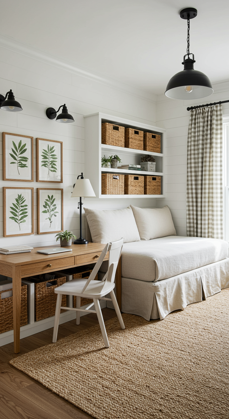 Helles Home-Office im Landhausstil mit Daybed und botanischen Drucken.