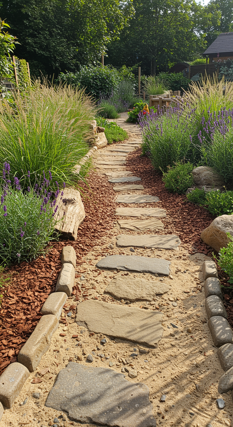 Gartenweg mit Natursteinplatten, gesäumt von Lavendel und Gräsern.