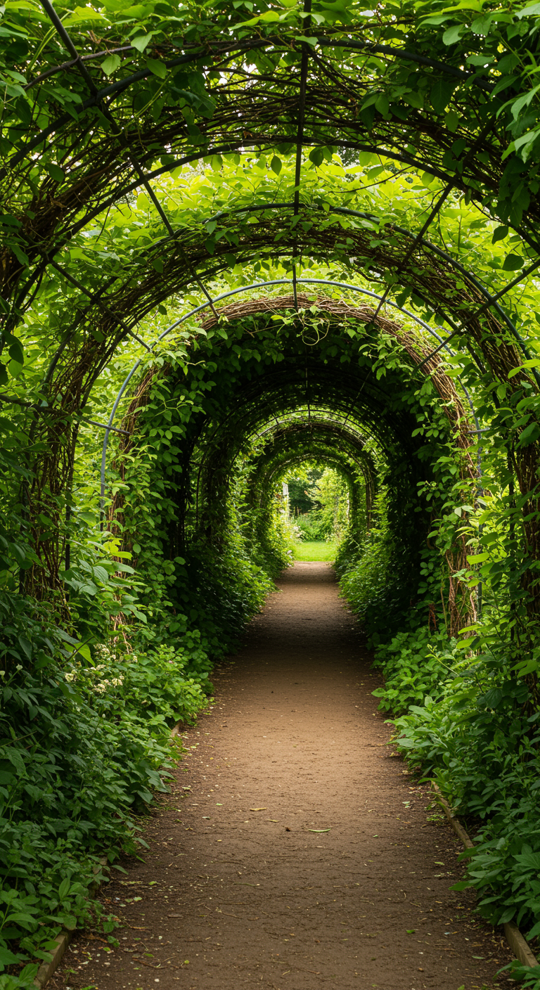 Langer grüner Tunnel aus Rankpflanzen in einem Garten.