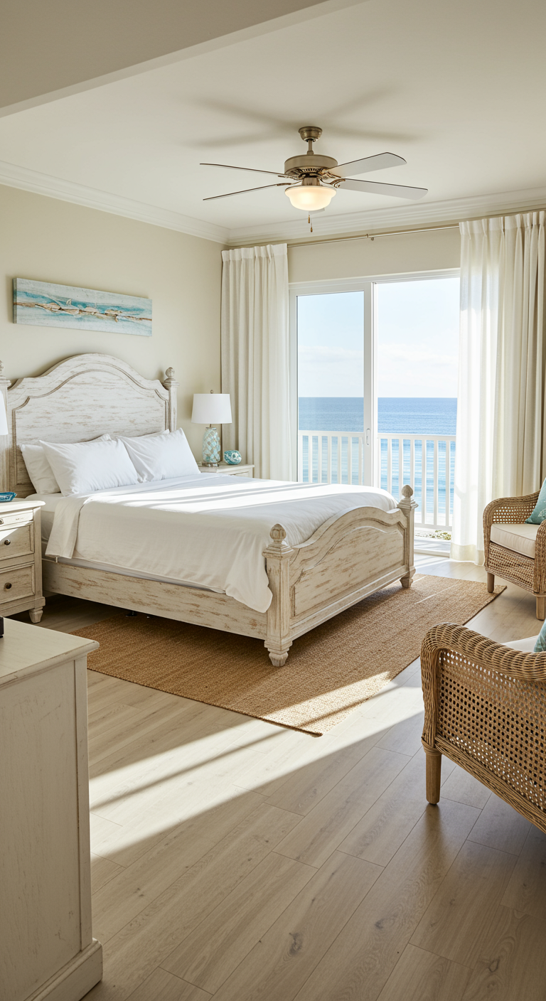 Helles Schlafzimmer mit weißem Holzbett, Meerblick vom Balkon und maritimen Akzenten.