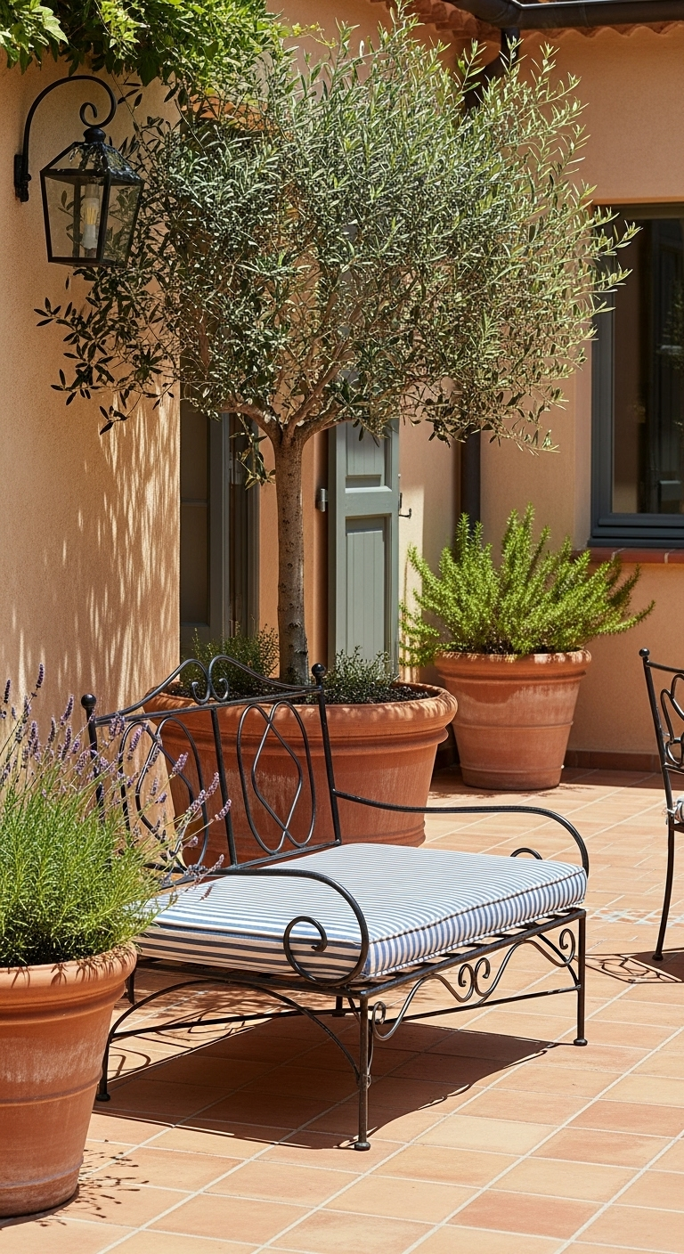 Schmiedeeiserne Bank mit gestreiftem Polster auf Terrakotta-Terrasse, Olivenbaum und Lavendel.
