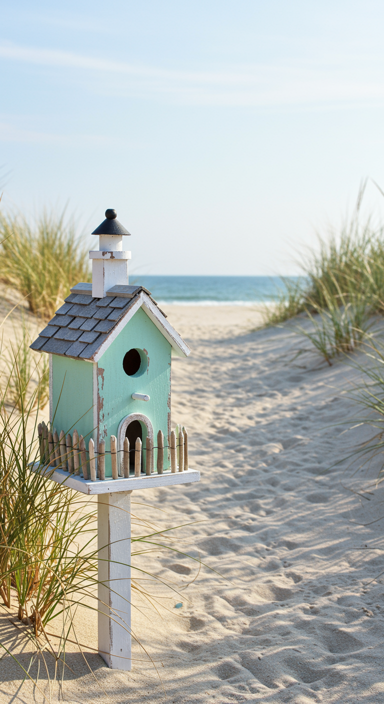 Mintgrünes Strandhaus-Vogelhaus mit Lattenzaun in einer sandigen Dünenlandschaft.