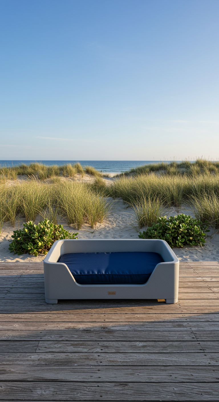 Modernes, blau gepolstertes Haustierbett auf einer Holzterrasse am Strand.