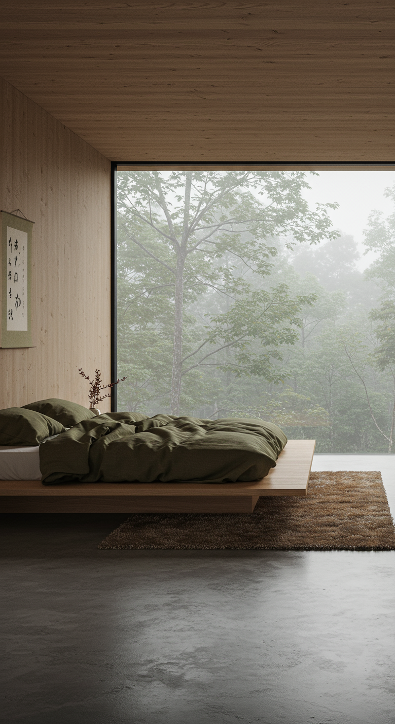 Minimalistisches Japandi-Schlafzimmer mit Holzbett und großem Fenster zum Wald.