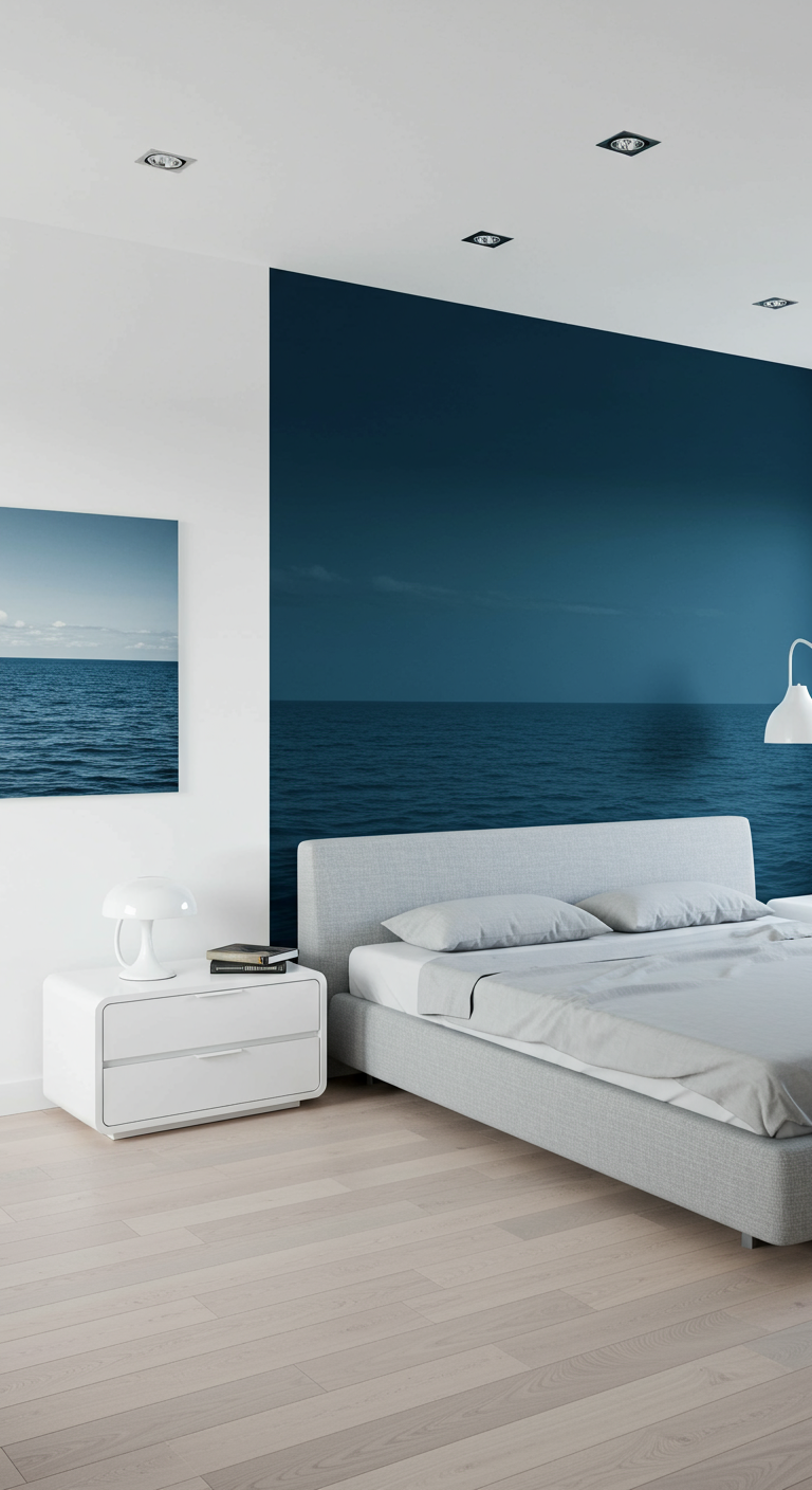 Minimalistisches Schlafzimmer mit dunkelblauer Meer-Fototapete als Akzentwand.