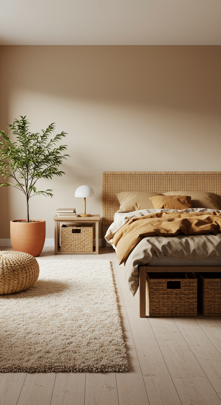 Schlafzimmer in Erdtönen mit Rattan-Kopfteil, Korbwaren und Zimmerpflanze.