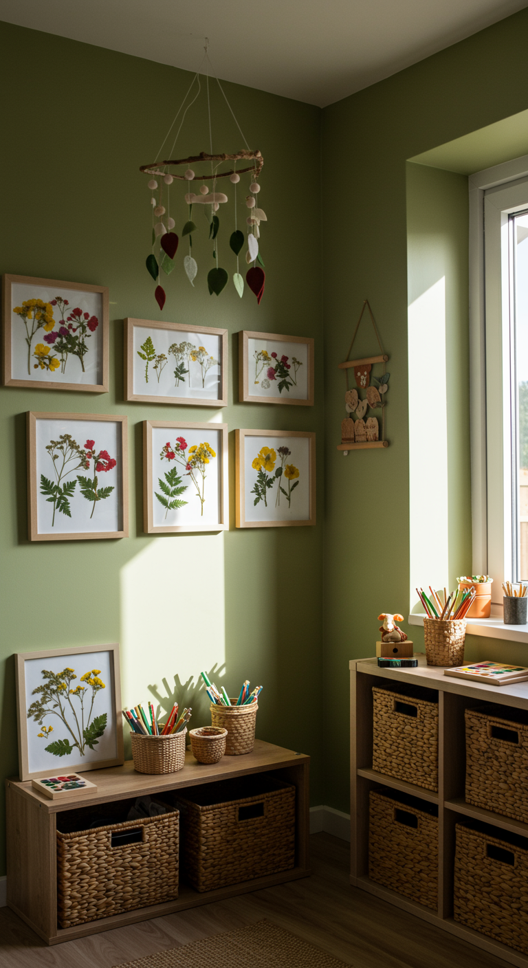 Grünes Kinderzimmer mit gepressten Blumenbildern und Naturmaterial-Körben.