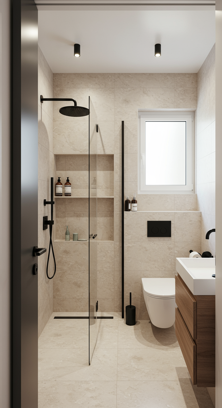 Modernes Bad mit beigen Fliesen, schwarzer Regendusche und Wandnische.
