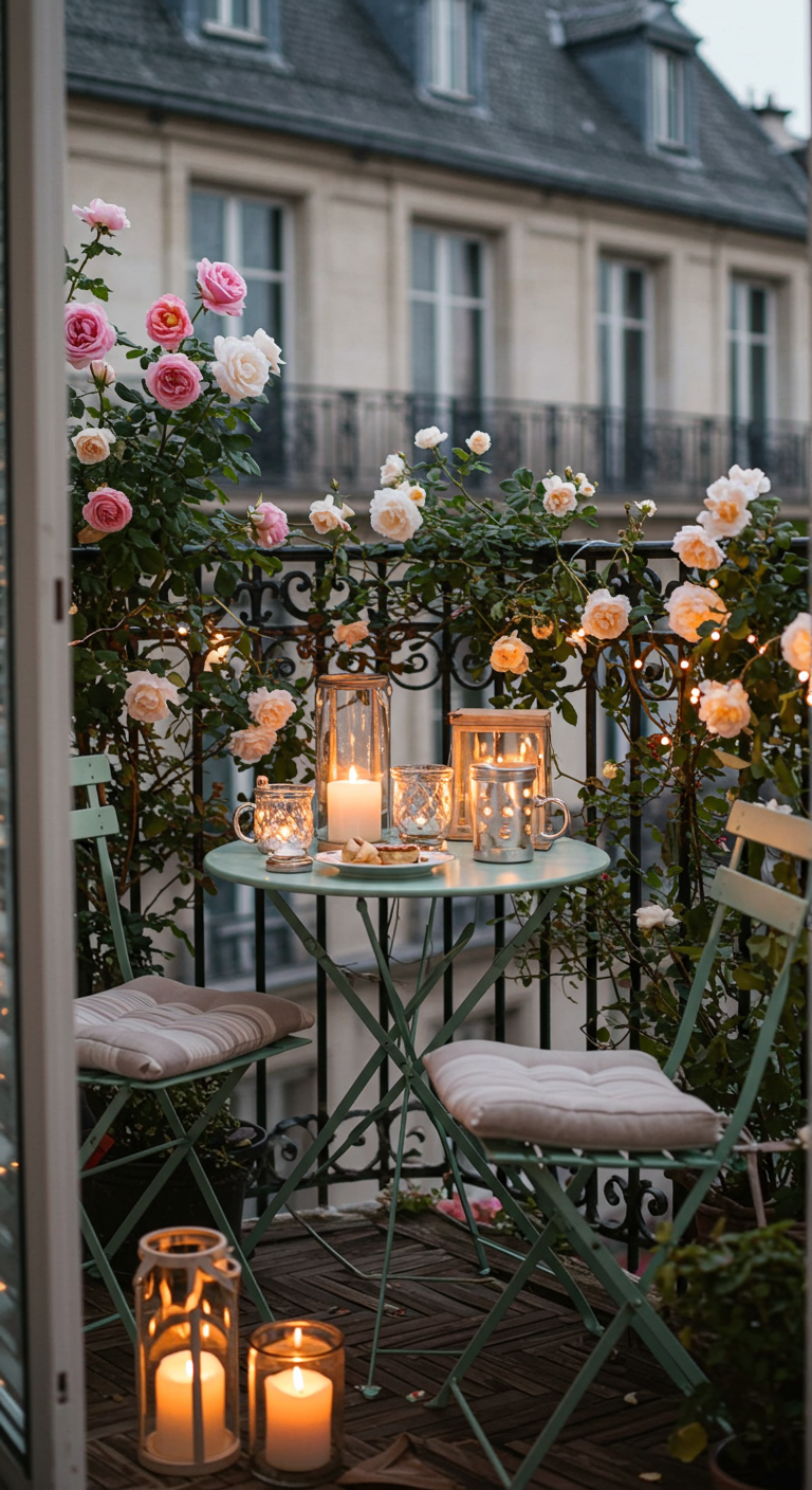 Romantischer Pariser Balkon mit Bistro-Set, Rosen und Kerzenlicht bei Dämmerung.
