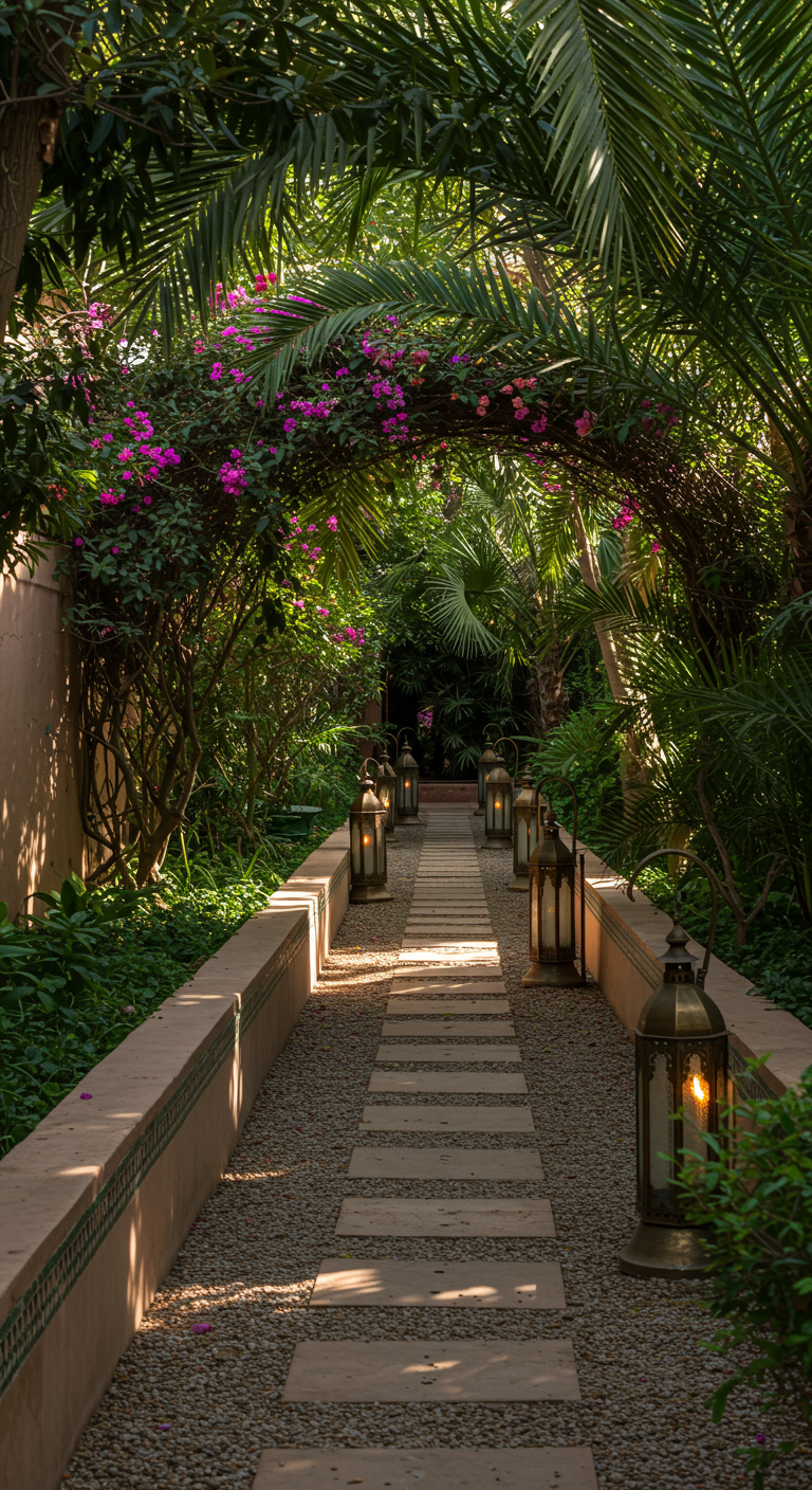Von Laternen gesäumter Gartenweg mit blühenden Pflanzen und einem Torbogen aus Bougainvillea.
