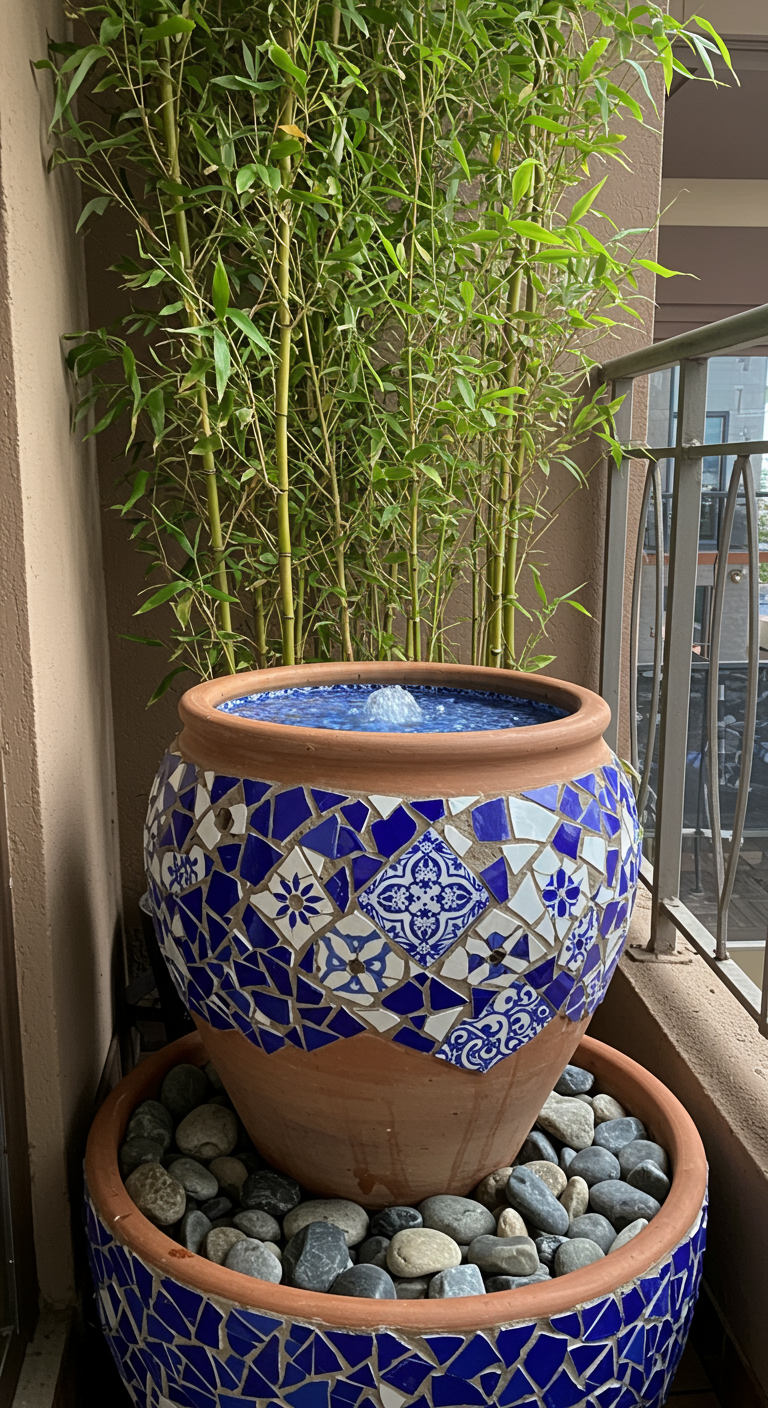 Großer Terrakotta-Brunnen mit blau-weißen Mosaikfliesen, umgeben von Bambus.