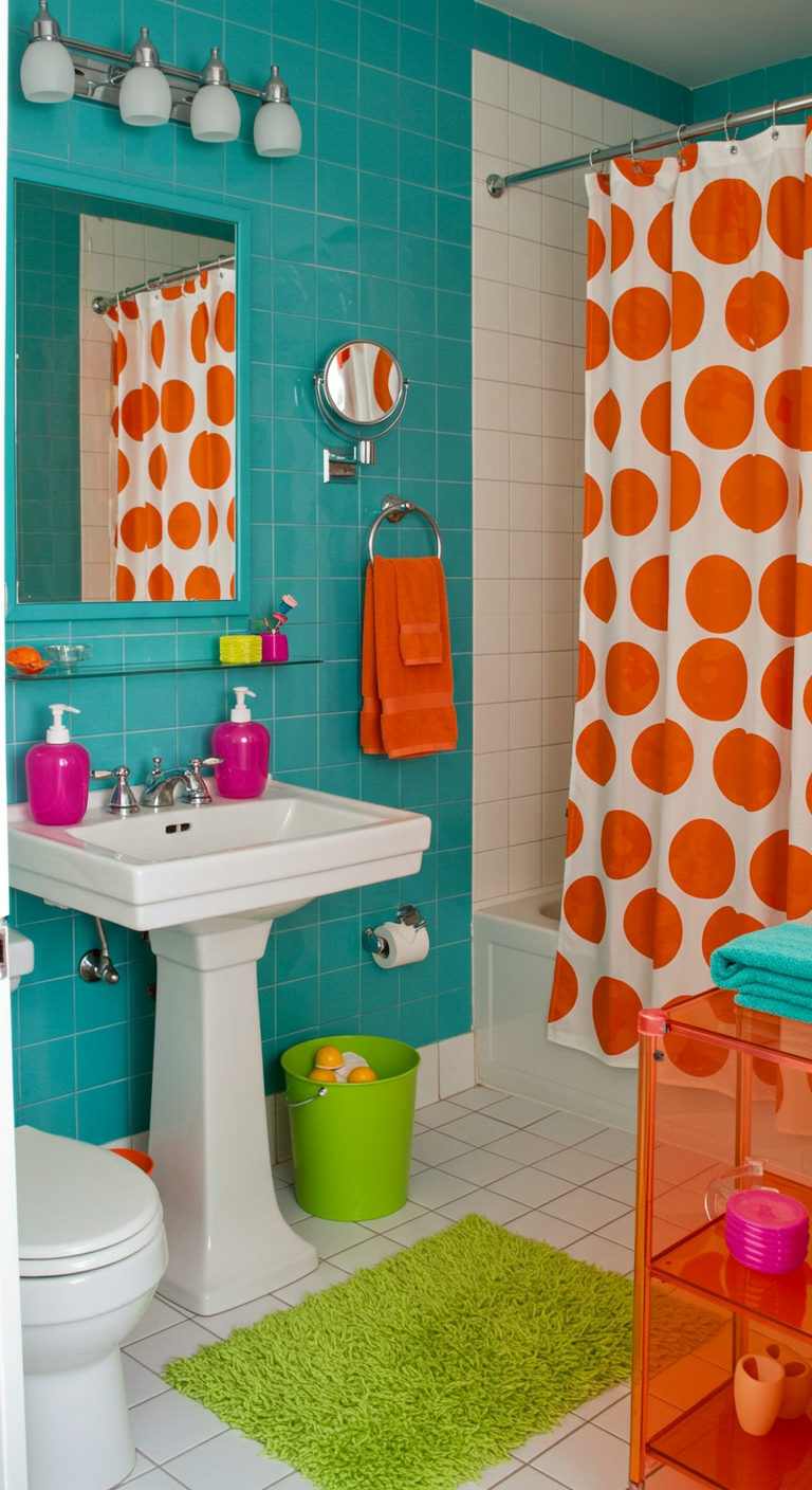 Badezimmer mit türkisfarbenen Fliesen und einem Duschvorhang mit orangen Punkten.