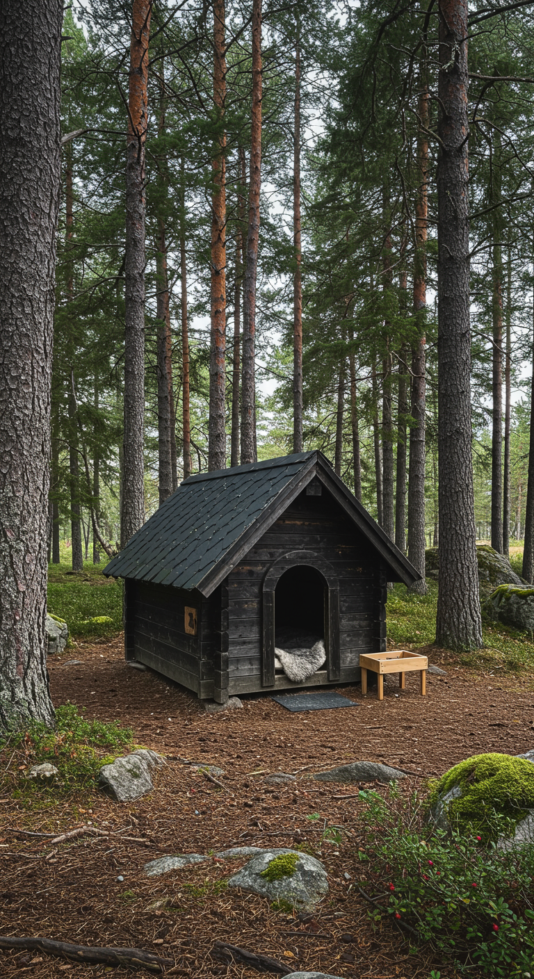 Rustikale, dunkle Holzhundehütte im Kiefernwald mit moosbewachsenen Steinen.