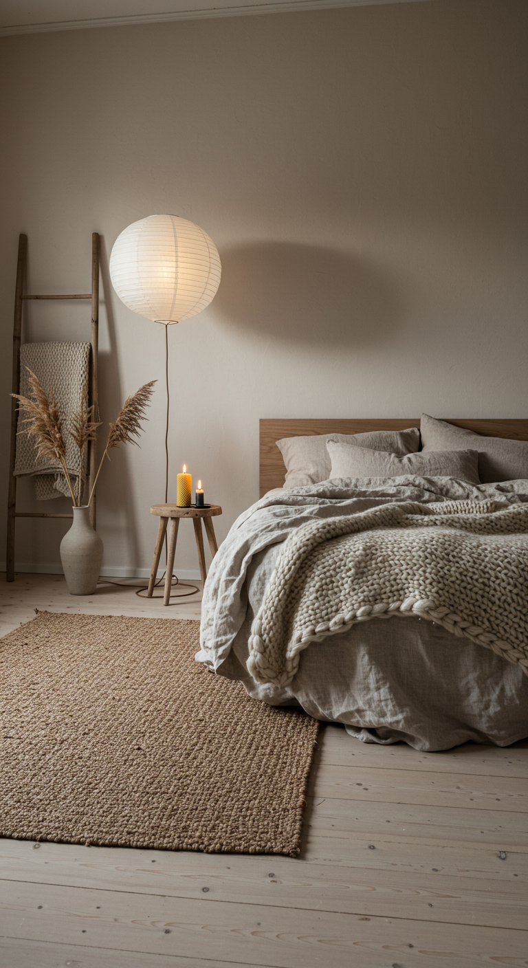 Skandinavisches Schlafzimmer in Beigetönen mit Papierleuchte und Strickdecke.