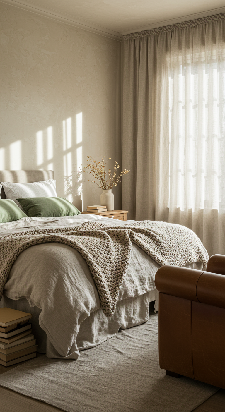 Helles Schlafzimmer in Beigetönen mit Leinenbettwäsche und salbeigrünen Kissen.