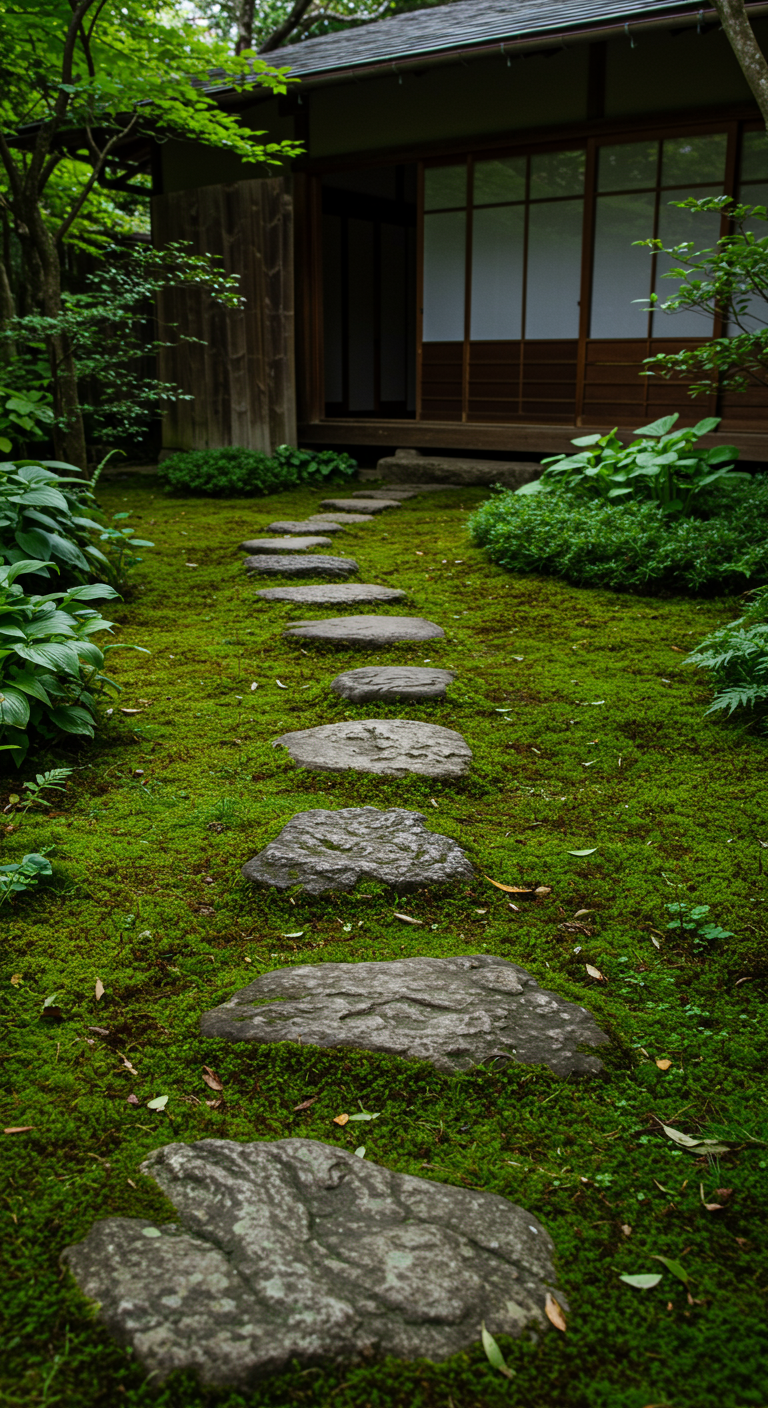 Pfad aus unregelmäßigen Trittsteinen (Tobi-ishi) durch einen Moosgarten zu einem Haus.