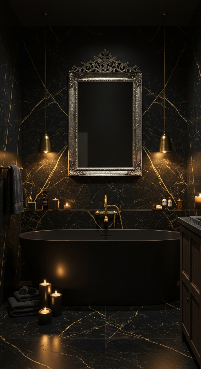 Luxuriöses Badezimmer mit schwarzem Marmor, goldener Äderung und Kerzenlicht.