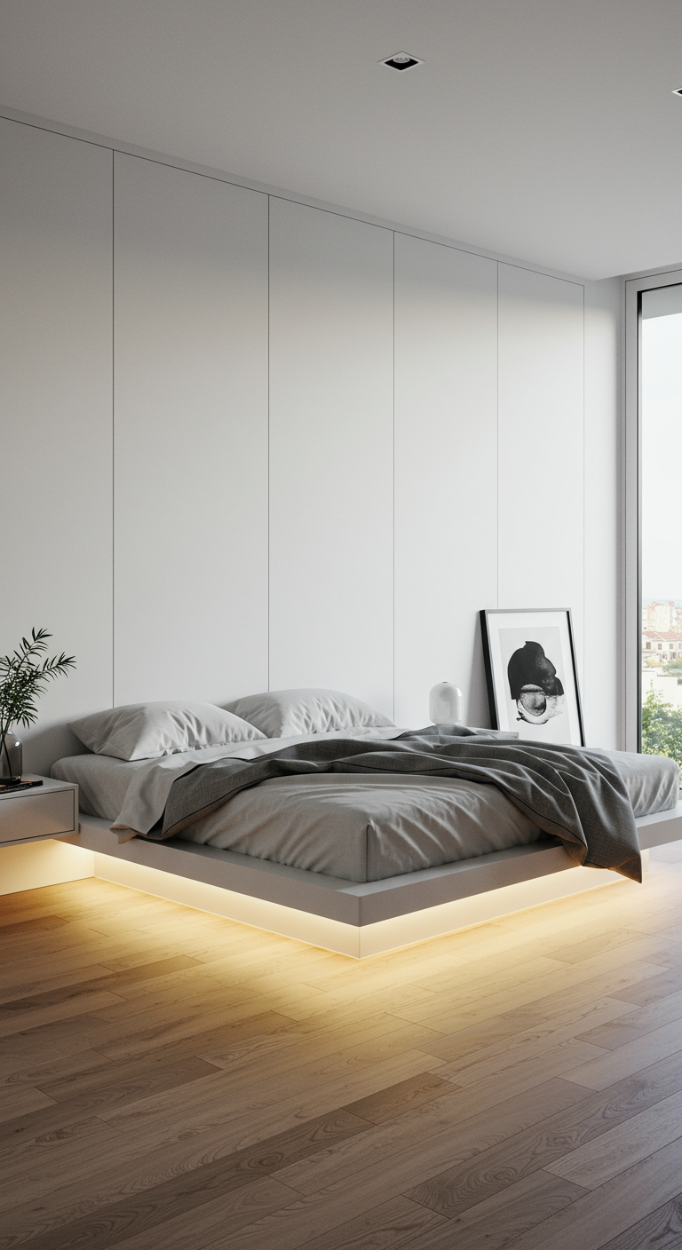 Modernes Schlafzimmer mit schwebendem Bett und indirekter Beleuchtung.