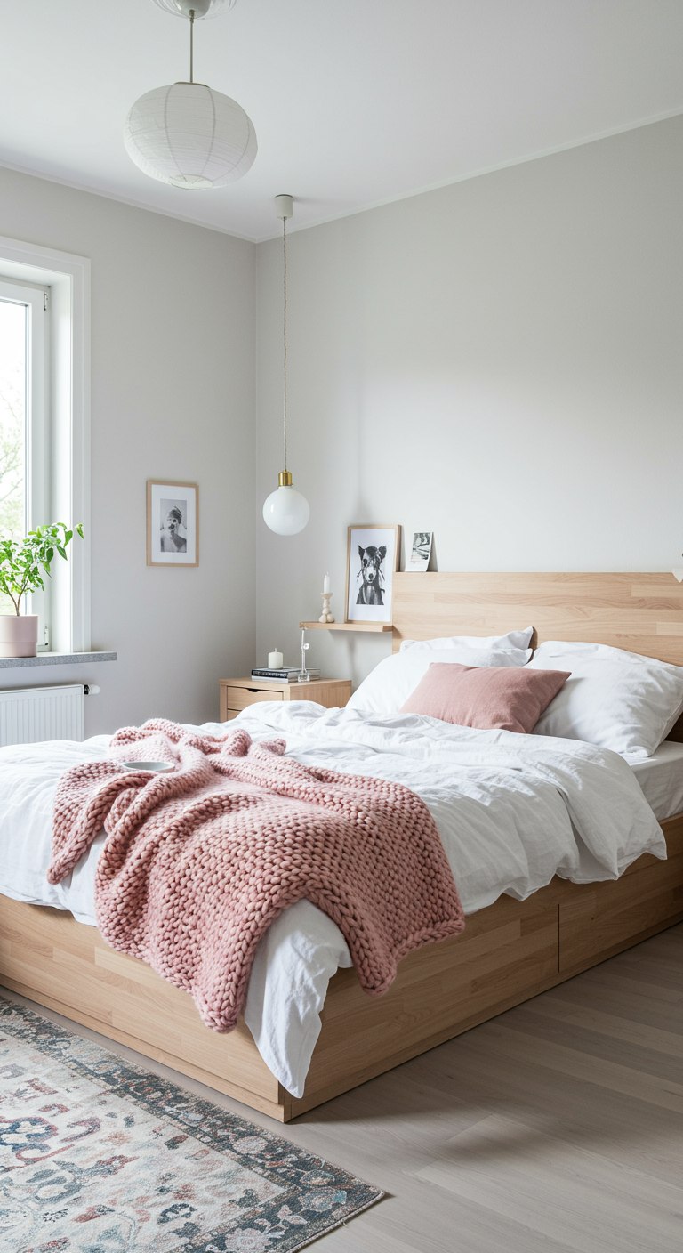 Helles, skandinavisches Schlafzimmer mit Holzbett und rosa Strickdecke.