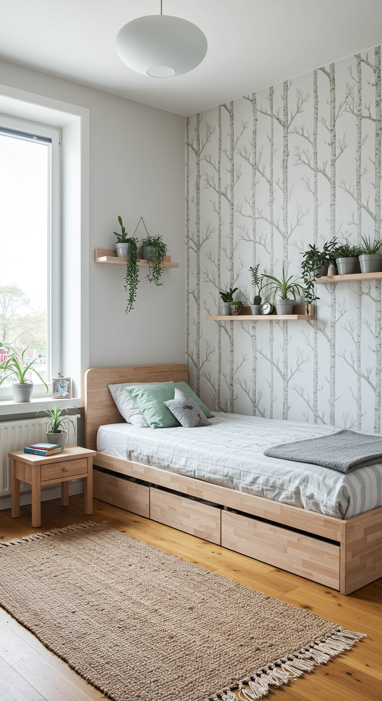 Helles Schlafzimmer mit Holzbett mit Schubladen und Tapete mit Birkenstamm-Motiv.