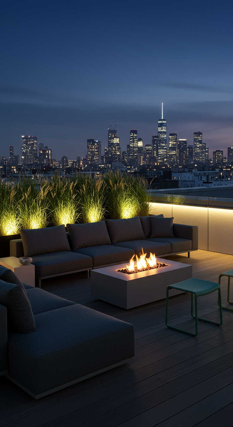 Dunkelgraues L-Sofa mit Feuertisch auf Dachterrasse mit Blick auf nächtliche Skyline.