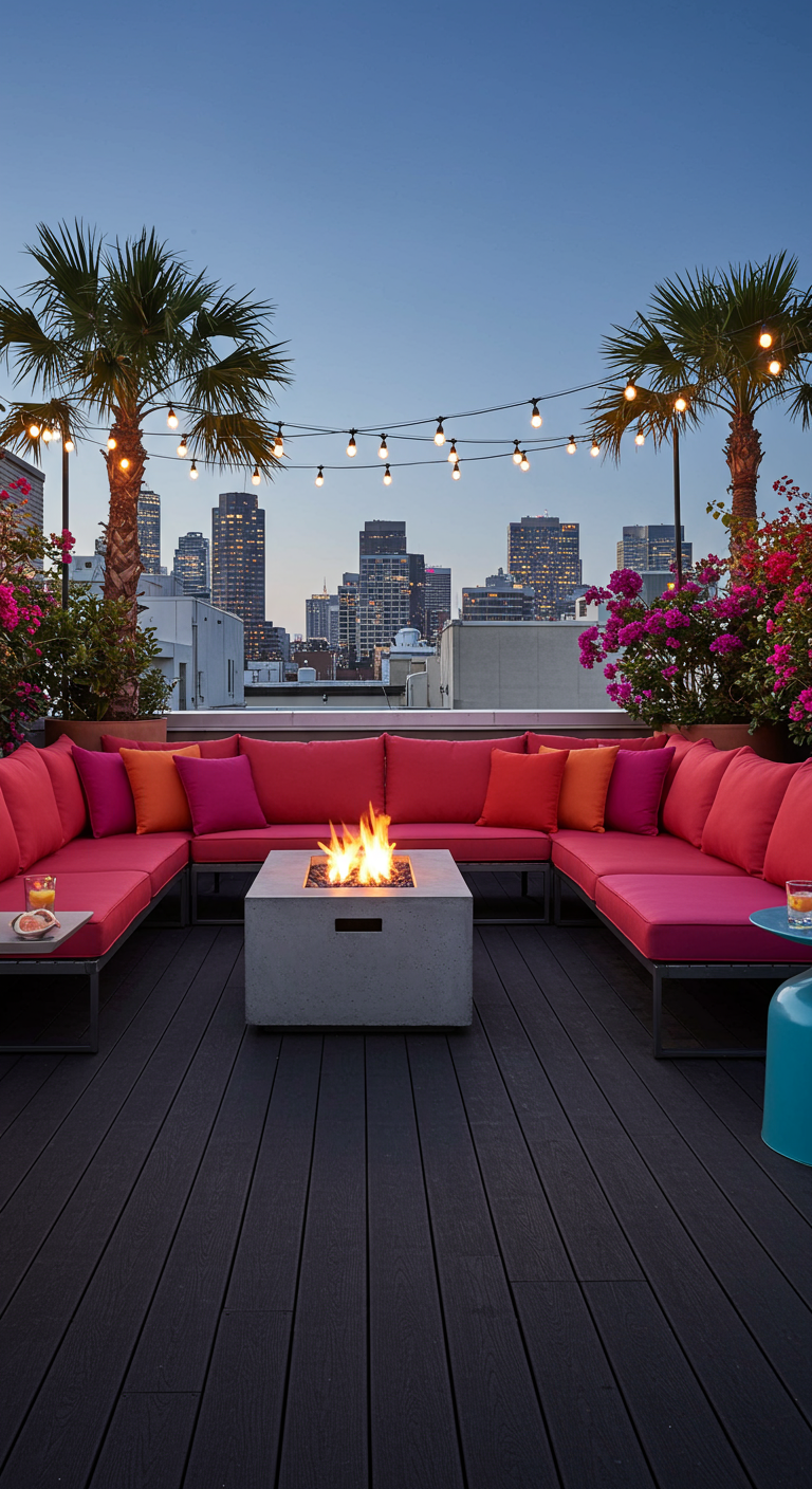 Dachterrasse mit pinken Loungemöbeln, Feuerstelle und Lichterketten vor Stadtsilhouette.