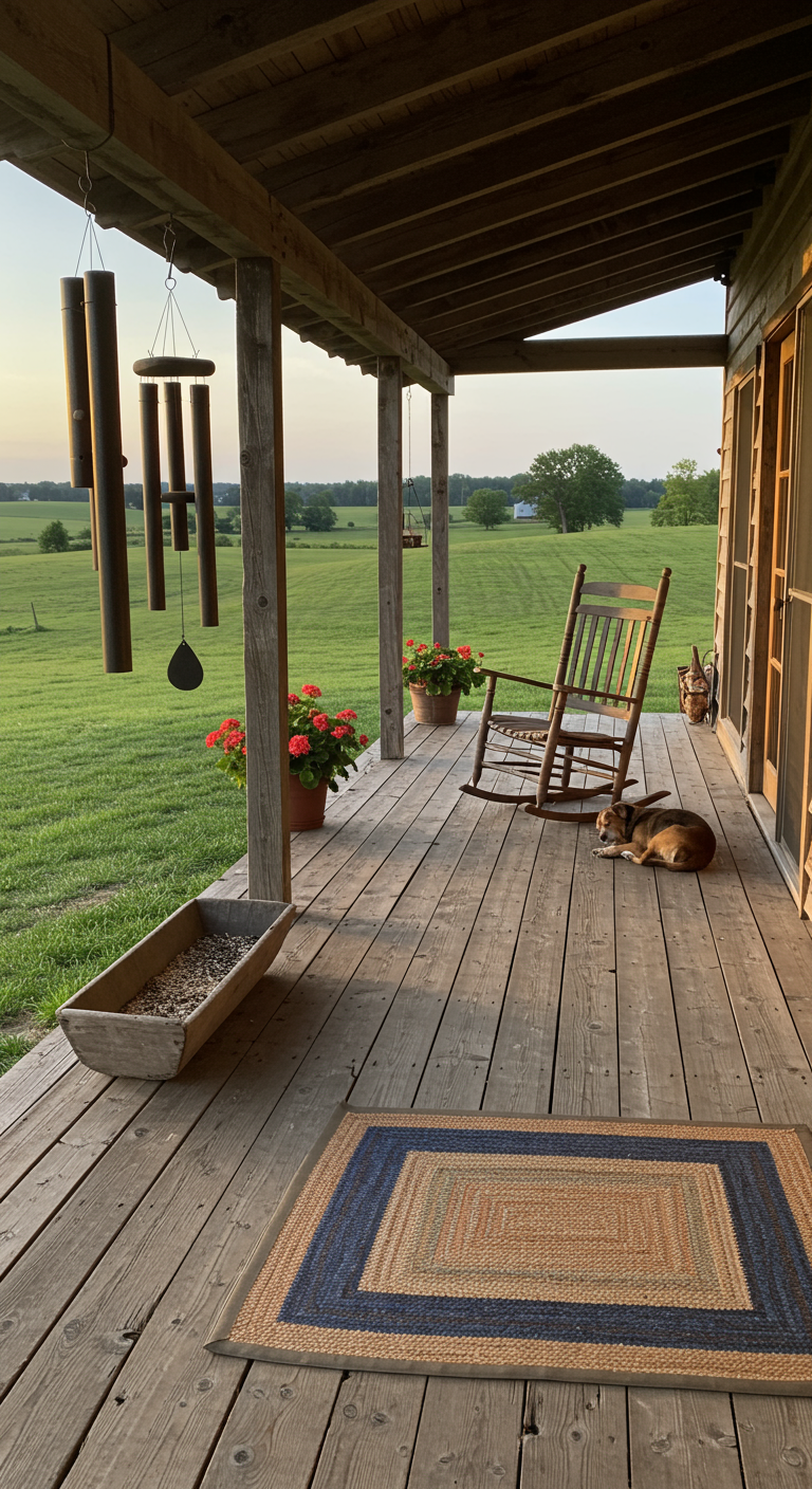 Rustikale Holzveranda mit großem Metall-Windspiel, Schaukelstuhl und Hund.