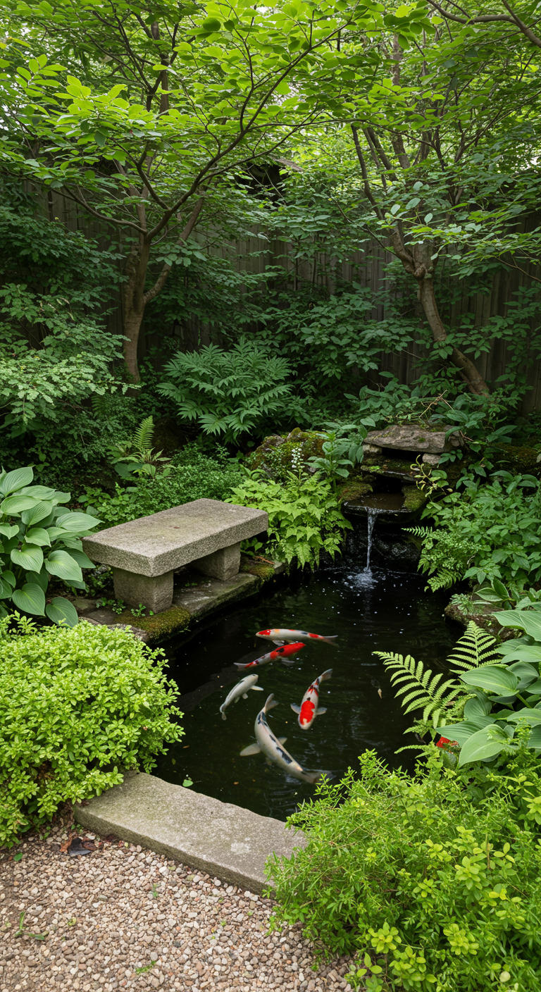 Kleiner Koiteich mit Steinbank, Wasserfall und üppigen Schattenpflanzen.