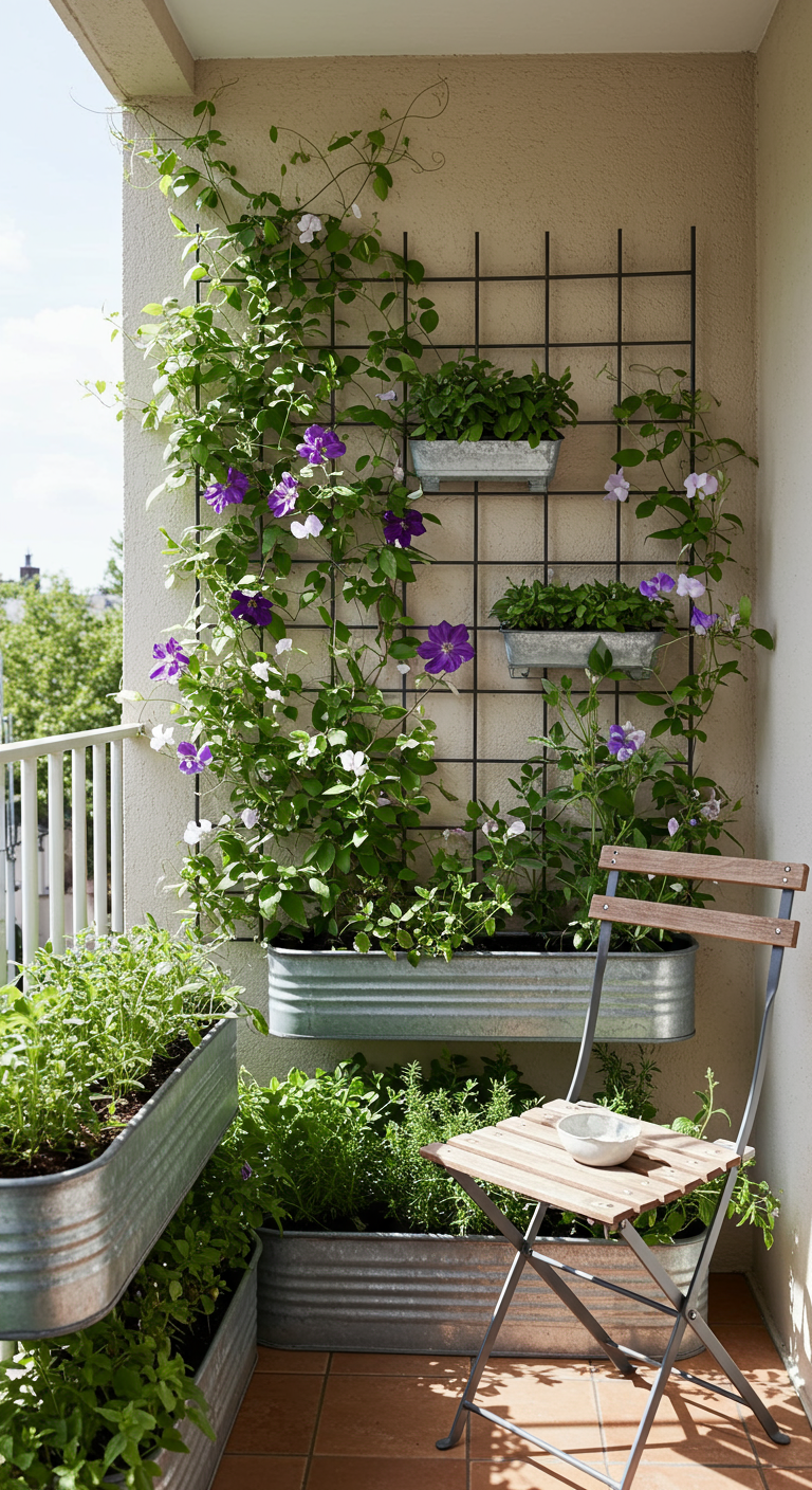 Ein Wandgitter mit eingehängten Metall-Pflanzkästen, bewachsen mit Clematis und Kräutern.