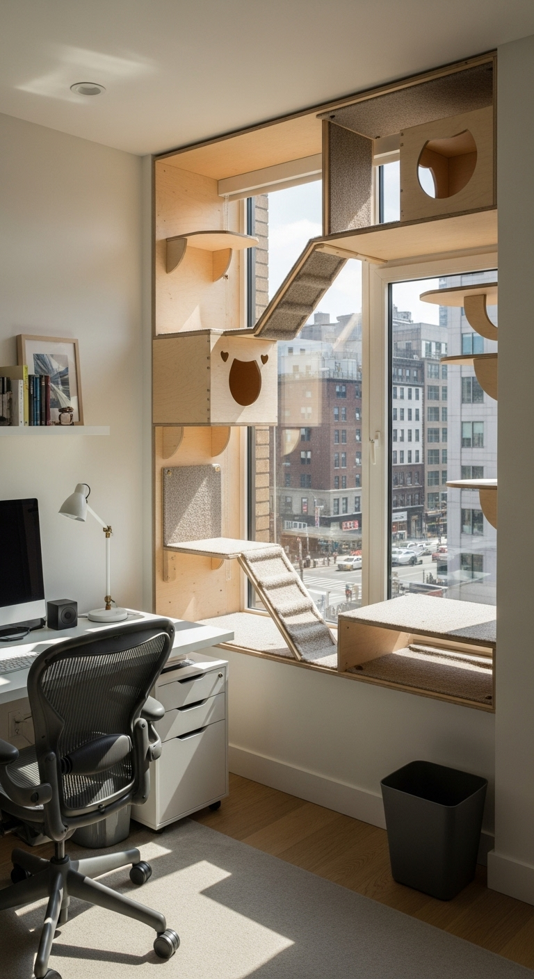 Moderne Kletterwand für Katzen um ein Fenster in einem Büro mit Stadtblick.
