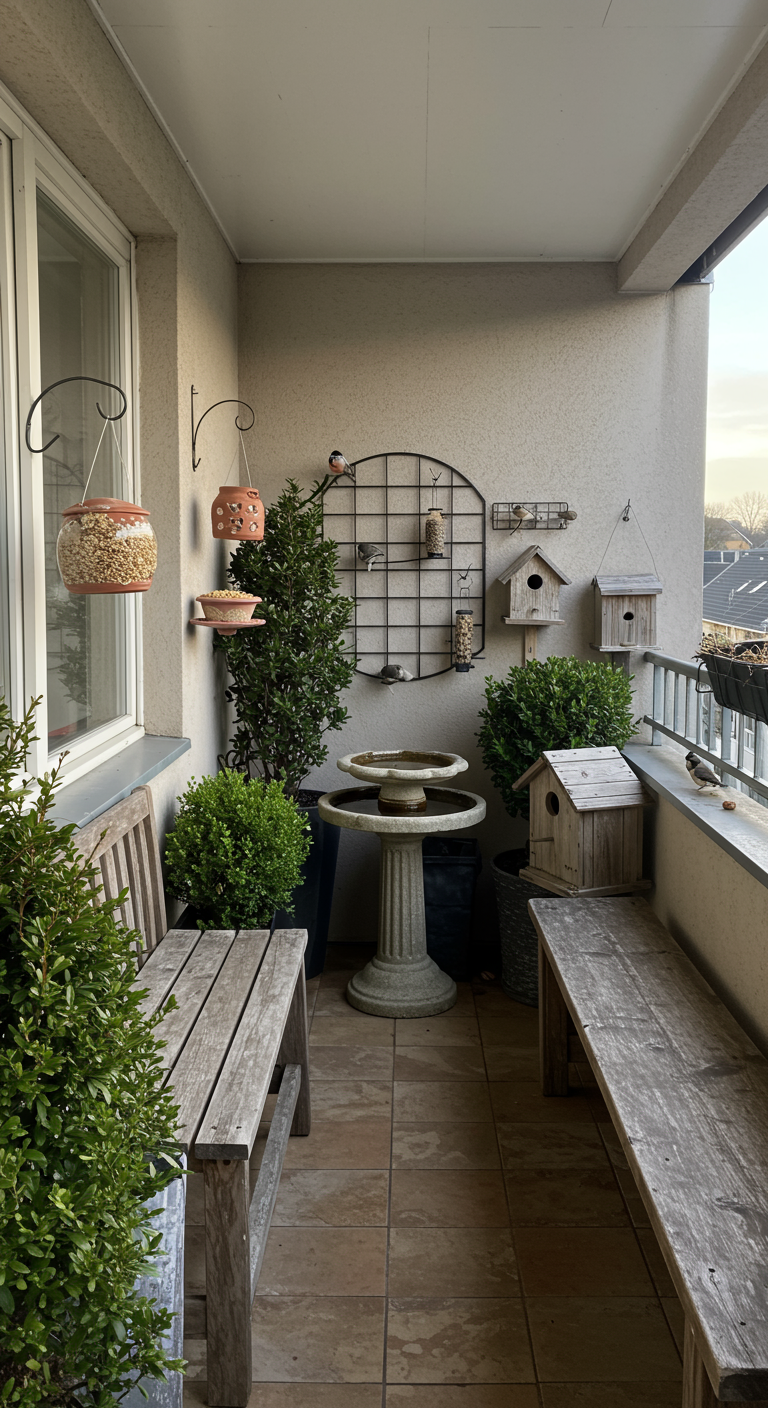 Großer Balkon mit Holzbänken, Vogelhäuschen, Futterstellen und Vogeltränke für Vögel.