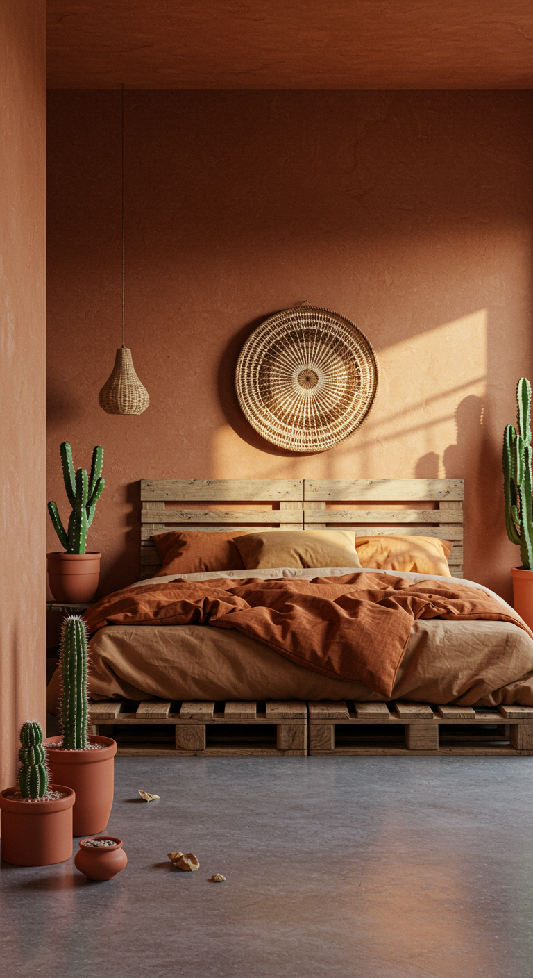 Boho-Schlafzimmer mit Terrakotta-Wänden, Palettenbett und Kakteen.