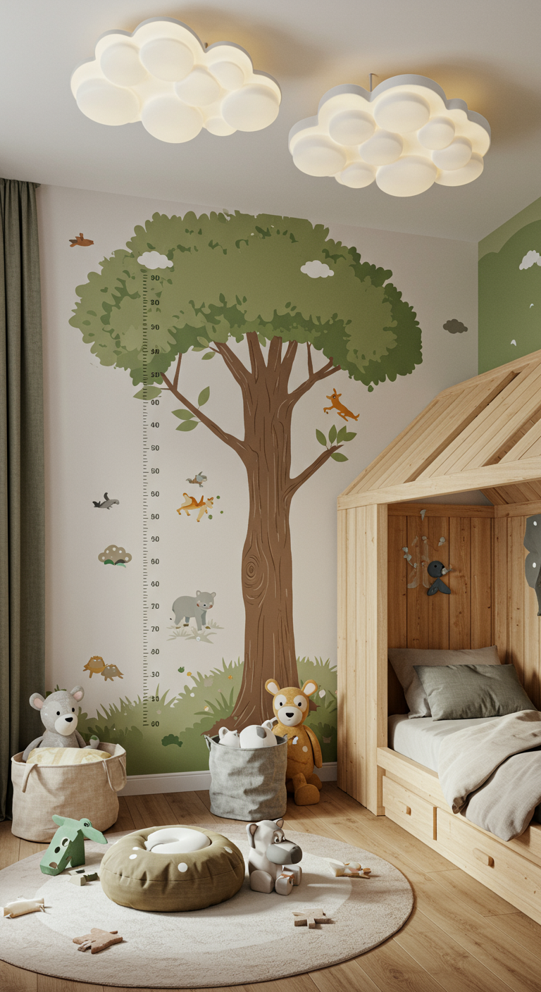 Kinderzimmer mit Baum-Wandtattoo als Messlatte und Holzbett.