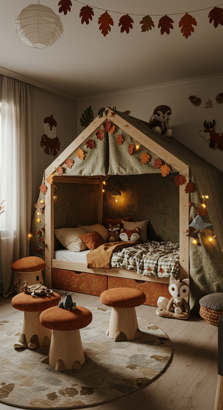 Kinderzimmer mit Hausbett, Pilzhockern und Waldtier-Deko.