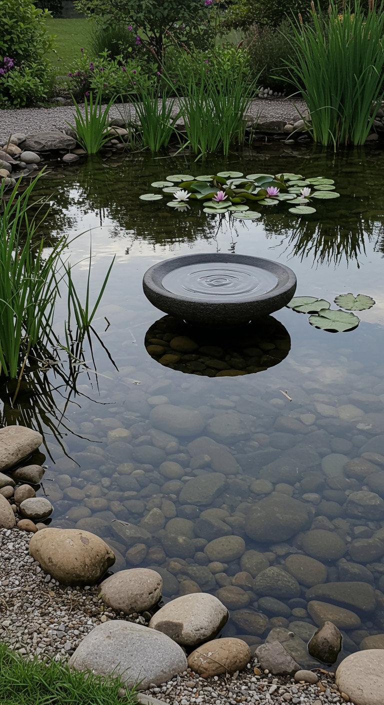 Vogelbad am Teich mit Seerosen und Kieselsteinen